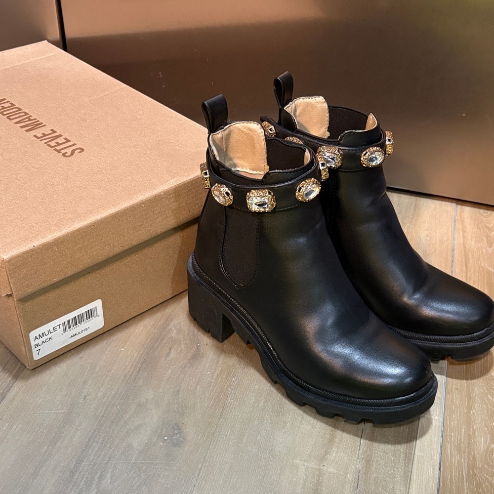 Steve Madden Amulet Black Ankle Boots with Jewel Accents